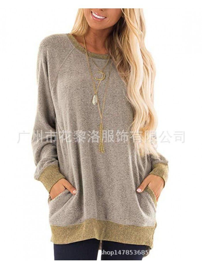 Autumn and winter women's round neck contrast pocket sweater long-sleeved pullover sweatshirt casual T-shirt 
