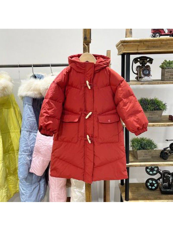 Girls' Children's Down Coat Winter New Korean Edition Girls' Mid length Over Knee Hooded Thickened Children's Coat 