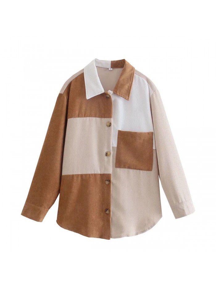 Spring and Autumn Style Polo Collar Single breasted Contrast Corduroy Shirt Coat Women's Outer Layer Loose Casual Shirt 