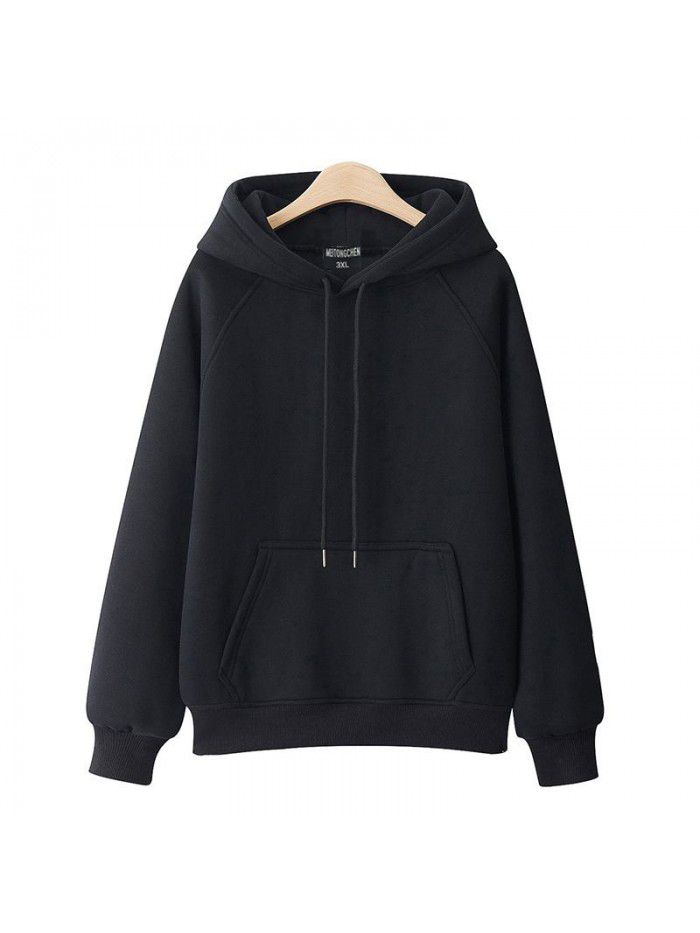 Casual hooded pullover with thickened and plush solid color new spring and autumn versatile loose fitting Japanese women's sweater