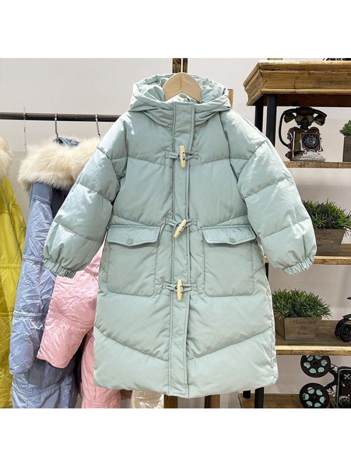 Girls' Children's Down Coat Winter New Korean Edition Girls' Mid length Over Knee Hooded Thickened Children's Coat 