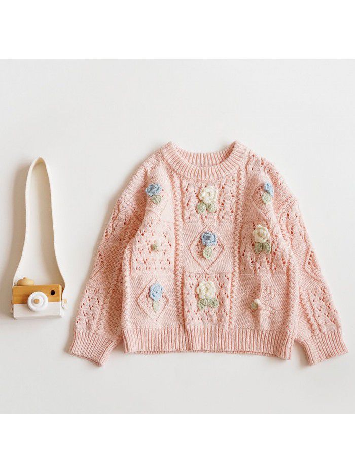 Spring and Autumn New Korean Children's Sweaters Hand Hook Flowers Little Girl Baby Cotton Thread Pullover Knitted Sweater Coat 