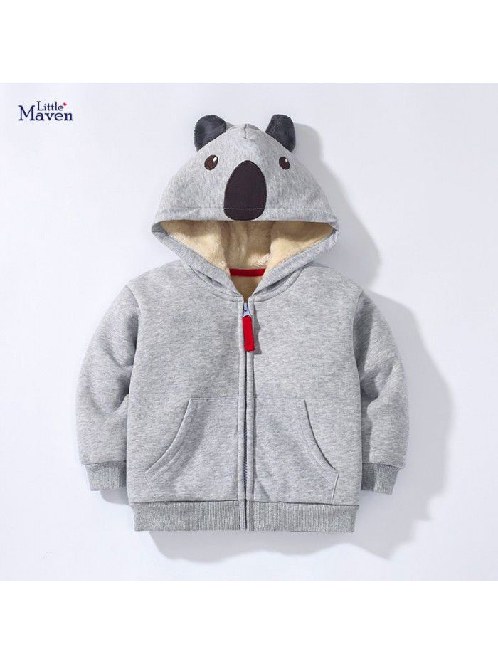 Children's coat Winter bear zippered shirt with plush and thick hooded boy's coat