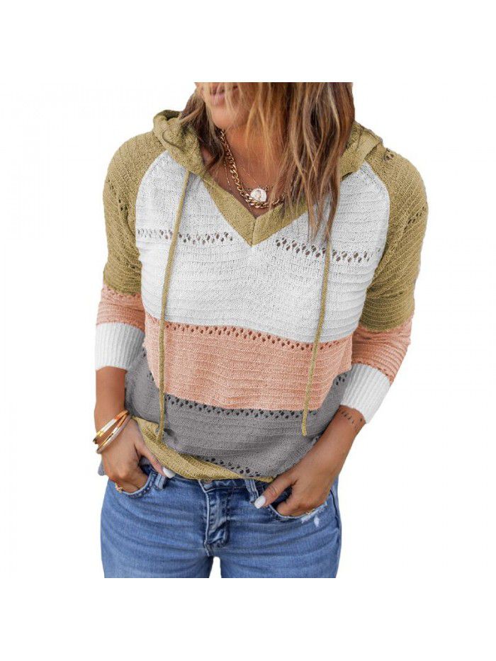 Knitted striped hooded sweater for women Spring and Autumn new long sleeved loose colored pullover top for women