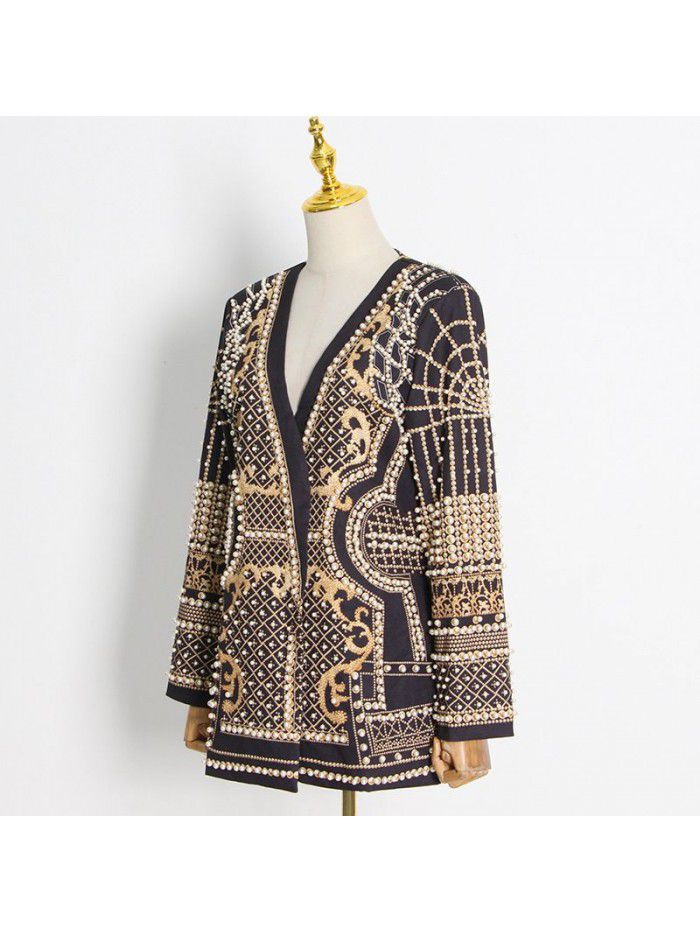 French Vintage Beaded Print Women's Autumn Fashion V-neck Long Sleeve Thickened Mid Length Suit Coat 