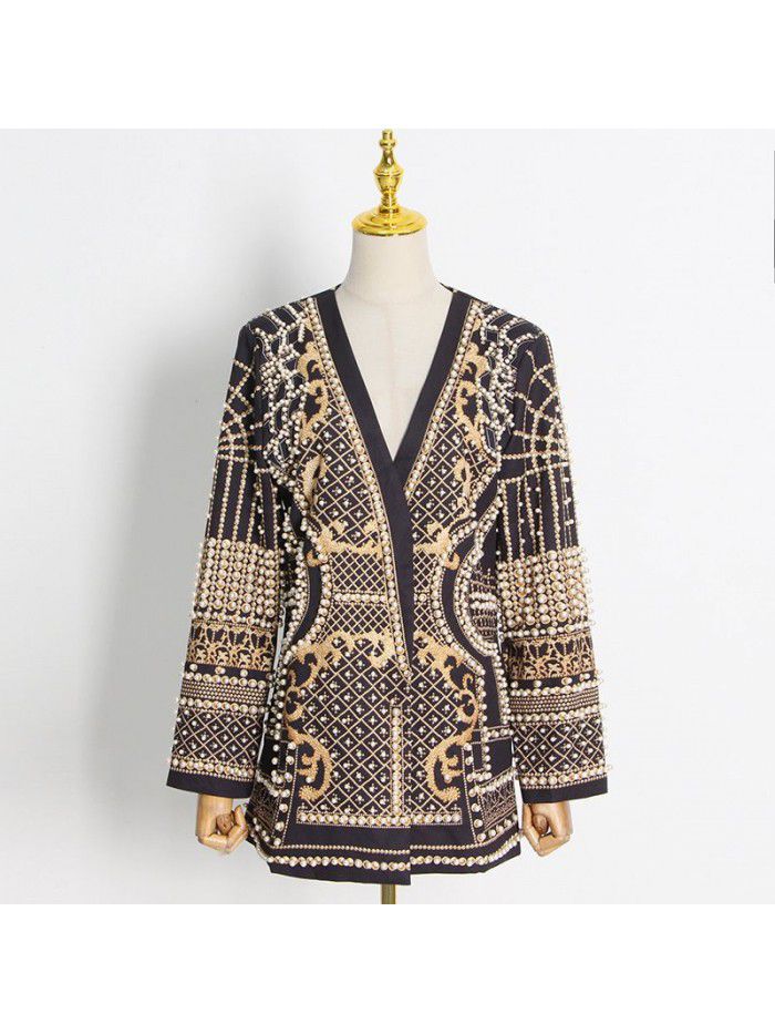 French Vintage Beaded Print Women's Autumn Fashion V-neck Long Sleeve Thickened Mid Length Suit Coat 