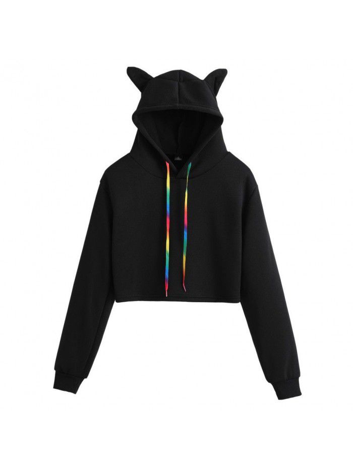 Color Cat's ears (Steamed cat-ear shaped bread) hooded sweater Street fashion short open navel sweater