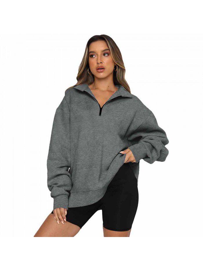 Shi Ying Zipper Lapel Large Sweater Women's Solid Loose Versatile Top