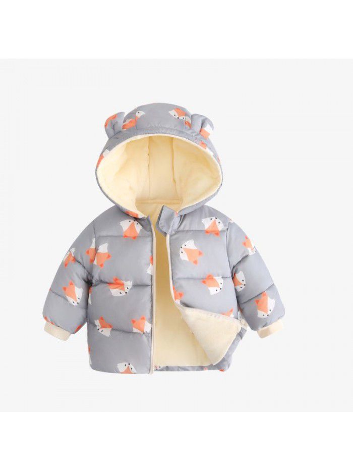 Baby's down cotton jacket, autumn and winter outdoor wear, foreign style plush hooded jacket, cute warm winter coat for boys and girls 