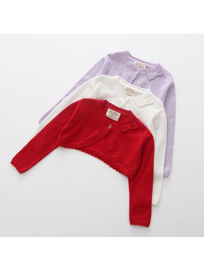 Bowknot middle and small children's shawl children's air-conditioned shirt summer girls knitted cardigan coat 