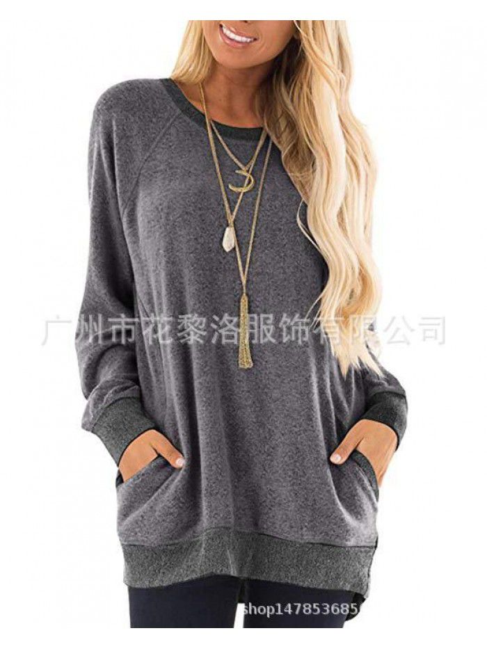 Autumn and winter women's round neck contrast pocket sweater long-sleeved pullover sweatshirt casual T-shirt 