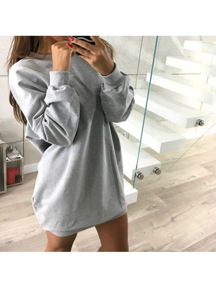 Winter New Casual Round Neck Solid Color Mid length Sweater Dress for Women