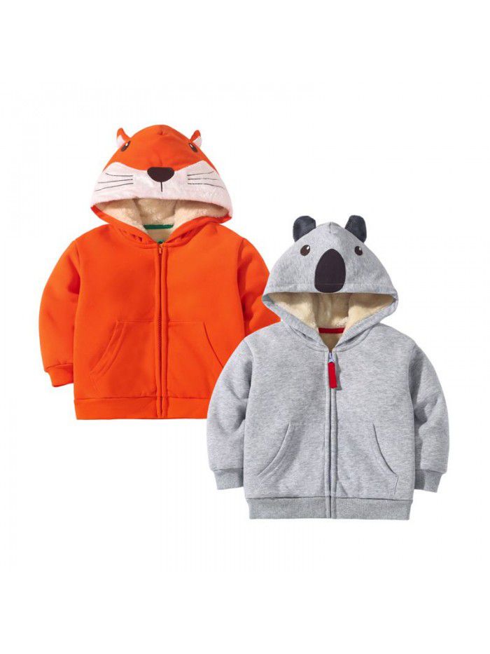 Children's coat Winter bear zippered shirt with plush and thick hooded boy's coat