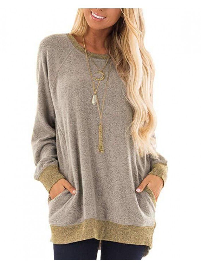 Autumn and winter women's round neck contrast pocket sweater long-sleeved pullover sweatshirt casual T-shirt 