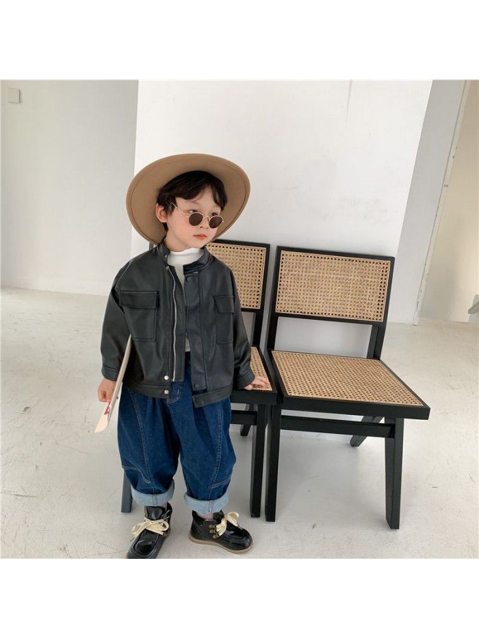 Children's leather clothing autumn new product Korean version boys and girls' motorcycle leather clothing baby PU leather jacket jacket trendy style