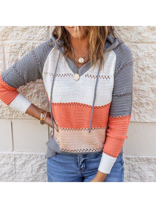 Knitted striped hooded sweater for women Spring an...