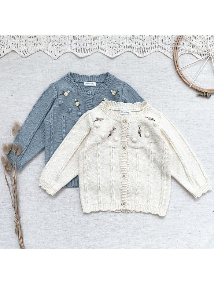 Baby girls embroidered cardigan sweater baby girls hand hook wool ball embroidered coat 