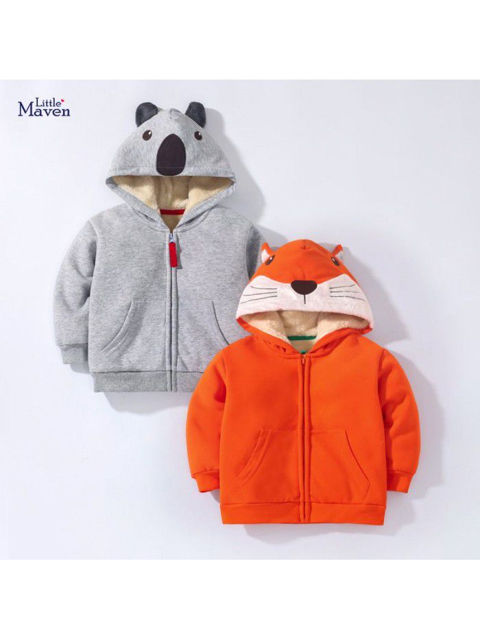 Children's coat Winter bear zippered shirt with plush and thick hooded boy's coat