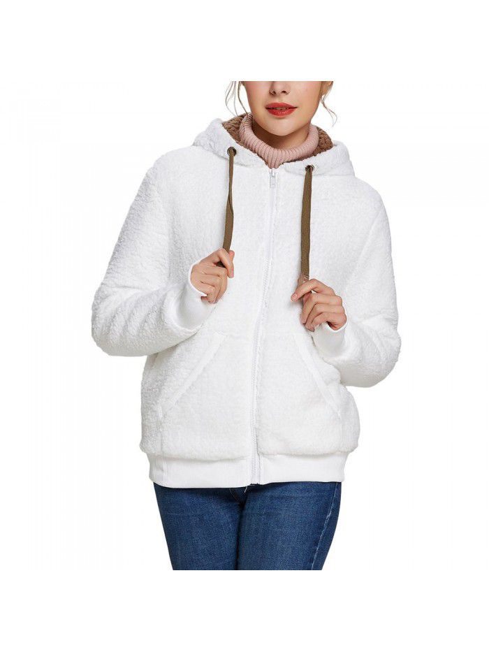 Autumn and Winter Hooded Plush Cardigan Long Sleeve Sweater Women's Jacket Loose Coat 