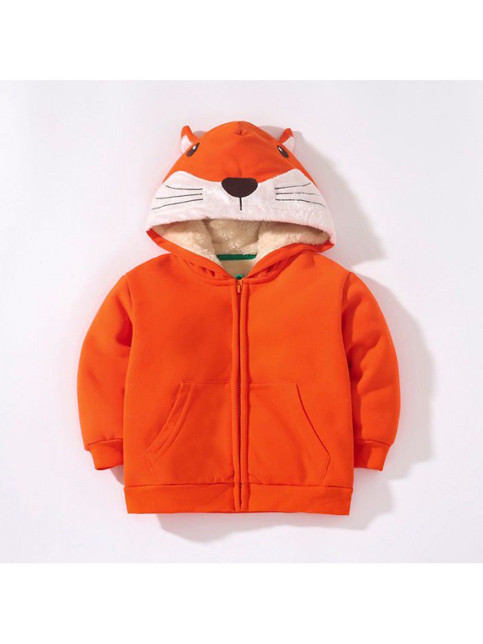 Children's coat Winter bear zippered shirt with plush and thick hooded boy's coat