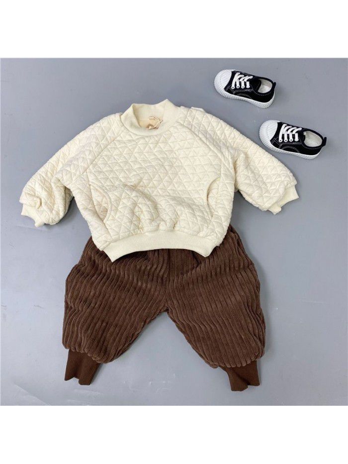 Children's plush undershirt winter fashion style thickened pullover non-hooded space cotton plaid round neck winter sweater 