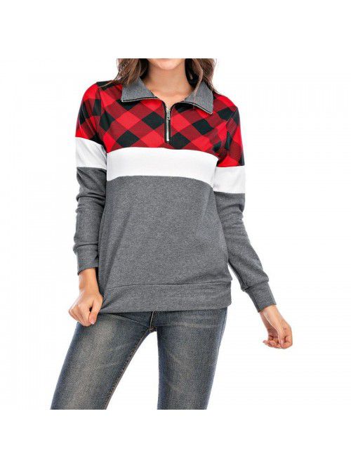 Long Sleeve Plaid Panel Zip Pocket T-shirt Casual ...