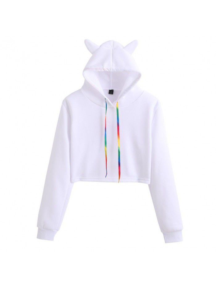 Color Cat's ears (Steamed cat-ear shaped bread) hooded sweater Street fashion short open navel sweater