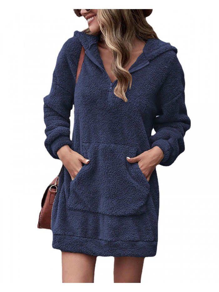 Autumn and Winter Women's Double Face Fleece Hoodie Loose Zip Plush Pocket Sweater Jacket 