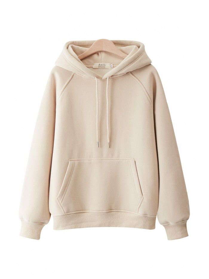 Casual hooded pullover with thickened and plush solid color new spring and autumn versatile loose fitting Japanese women's sweater