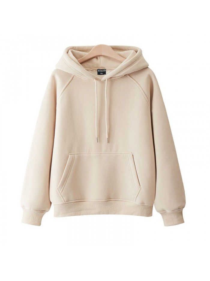 Casual hooded pullover with thickened and plush solid color new spring and autumn versatile loose fitting Japanese women's sweater