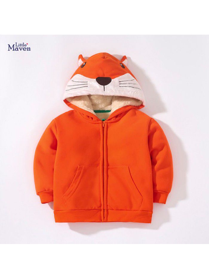 Children's coat Winter bear zippered shirt with plush and thick hooded boy's coat