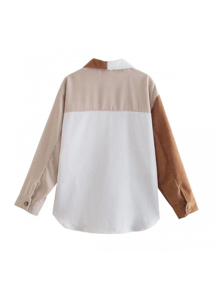 Spring and Autumn Style Polo Collar Single breasted Contrast Corduroy Shirt Coat Women's Outer Layer Loose Casual Shirt 