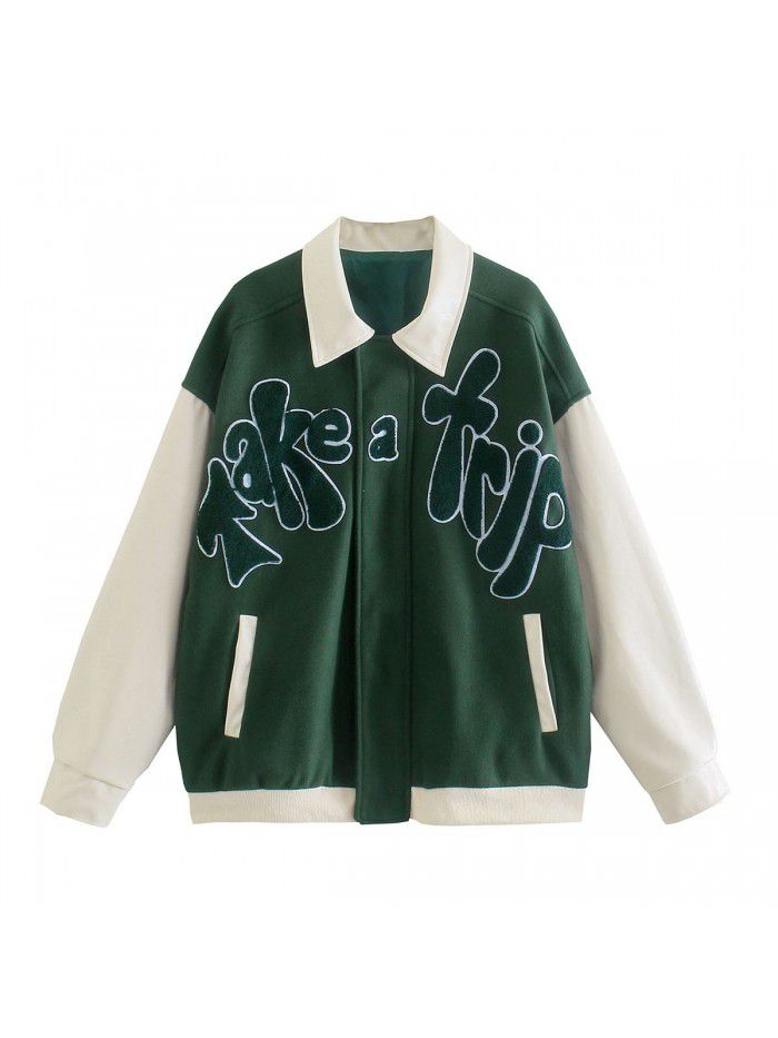 Autumn Fashion Polo Neck Jacket Loose Casual Coat Green Panel Flocking Embroidery Baseball Jersey