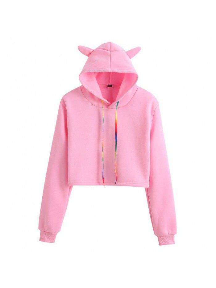 Color Cat's ears (Steamed cat-ear shaped bread) hooded sweater Street fashion short open navel sweater