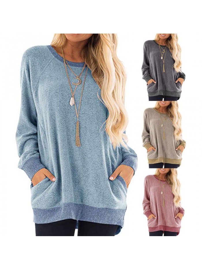 Autumn and winter women's round neck contrast pocket sweater long-sleeved pullover sweatshirt casual T-shirt 