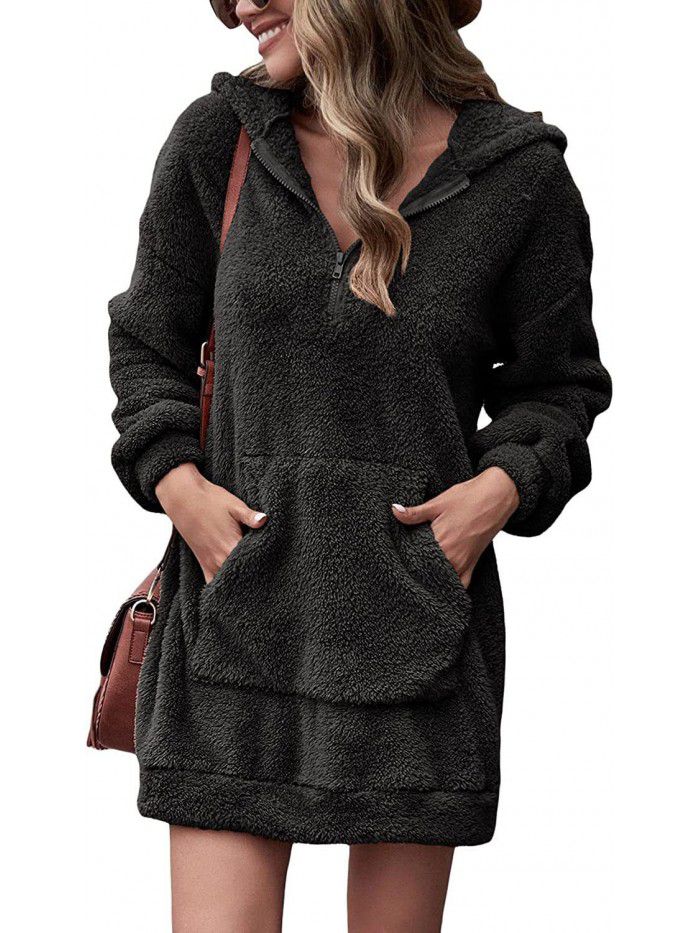 Casual loose hooded zippered plush jacket Loose warm lamb plush trench coat