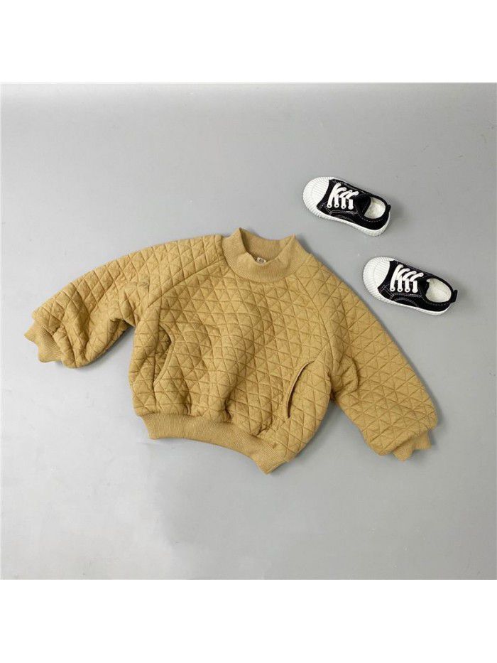 Children's plush undershirt winter fashion style thickened pullover non-hooded space cotton plaid round neck winter sweater 