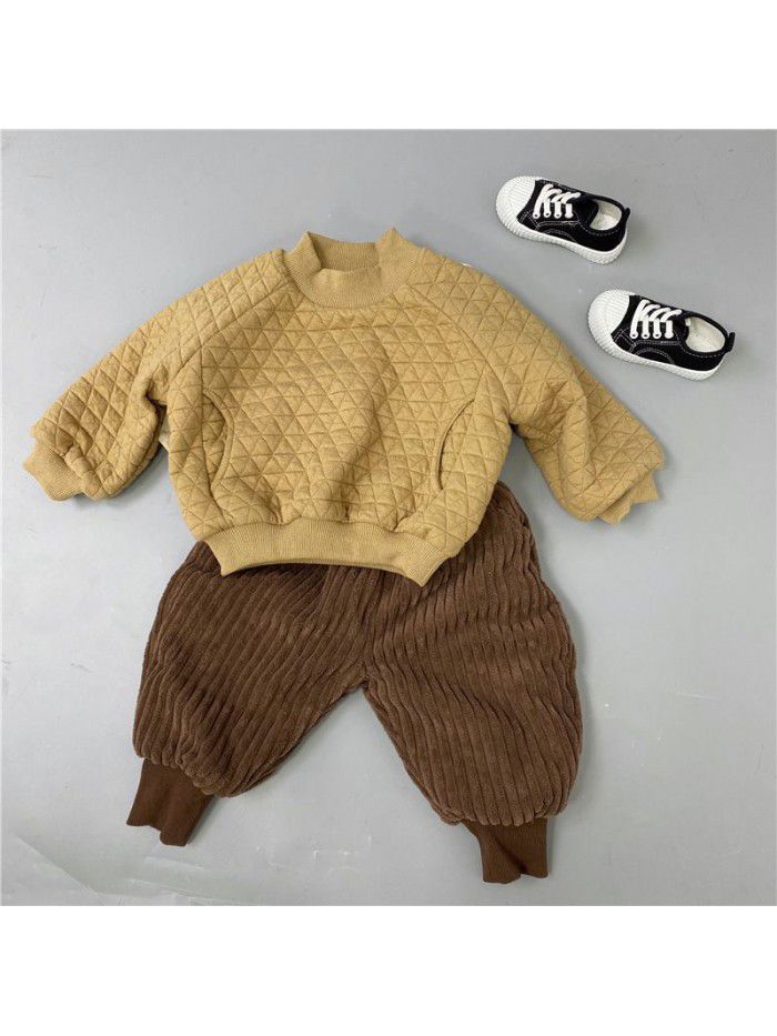 Children's plush undershirt winter fashion style thickened pullover non-hooded space cotton plaid round neck winter sweater 