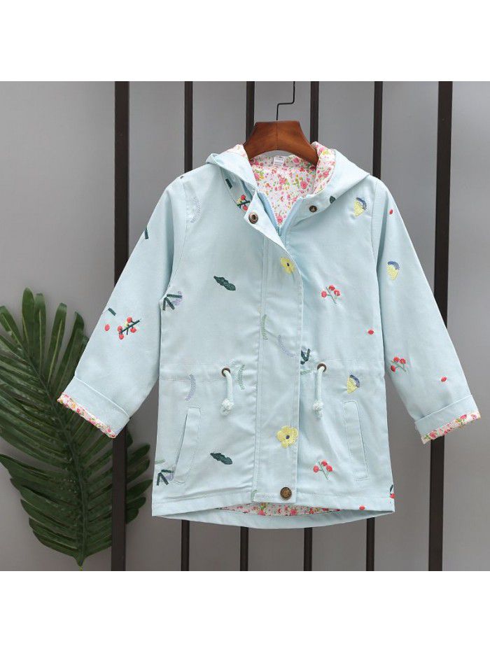 Spring Girls' All Cotton Flower Embroidered Windbreaker Drawstring Hooded Mid length Coat Top 