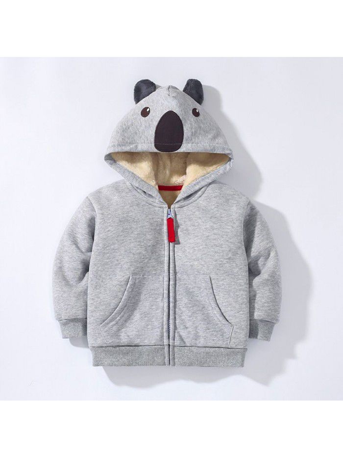 Children's coat Winter bear zippered shirt with plush and thick hooded boy's coat