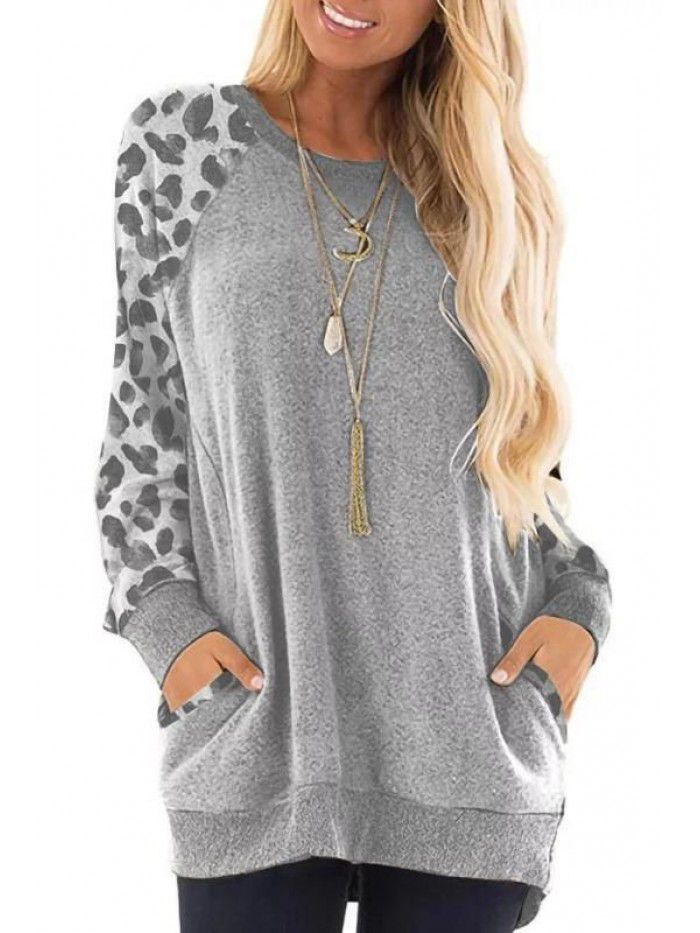 Autumn and winter women's round neck contrast pocket sweater long-sleeved pullover sweatshirt casual T-shirt 
