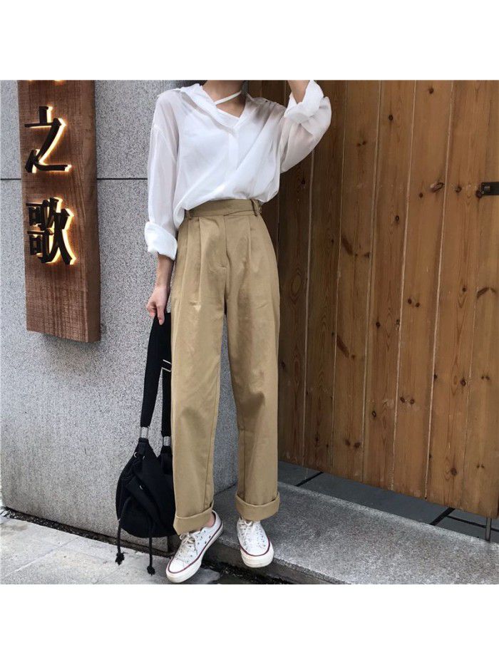 Spring/Summer Korean Version Simple Versatile Loose BF Port Style Casual High Waist Work Wear Straight Tube Casual Pants Women's Wide Leg Pants 