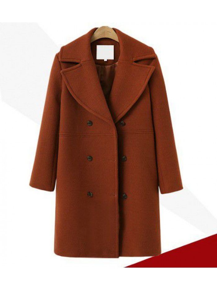 Autumn and winter women's woolen coat, women's double breasted medium length windbreaker, woolen coat