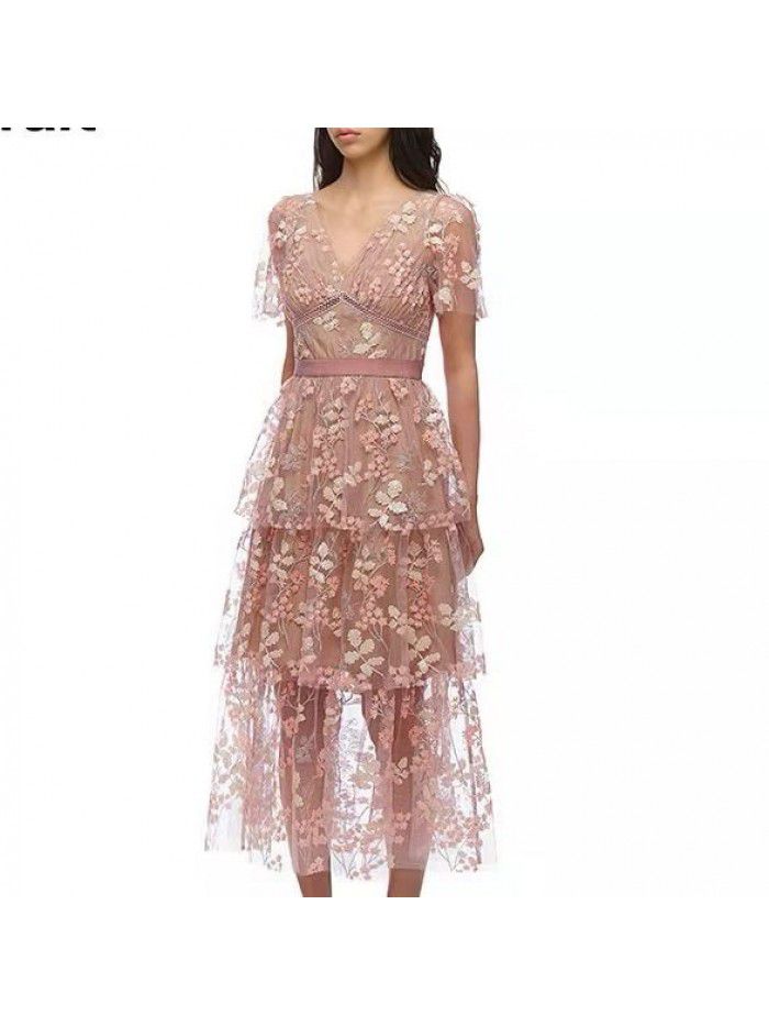 Pink Flower Sequins Beaded High Waist V-Neck Elegant Long Dress Holiday Party Heavy Work Embroidery Dress 