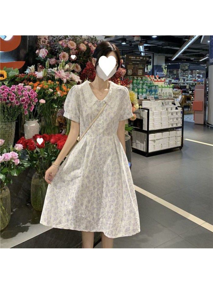 Fragmented Flower Dress Mid length Summer New Style Slim Short Sleeve French Small Dress 