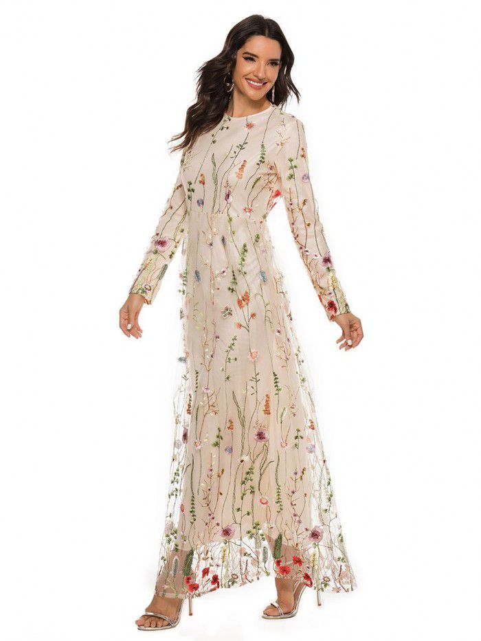 Fashion Embroidery Dress Sweet Flower Lace Long Dress 