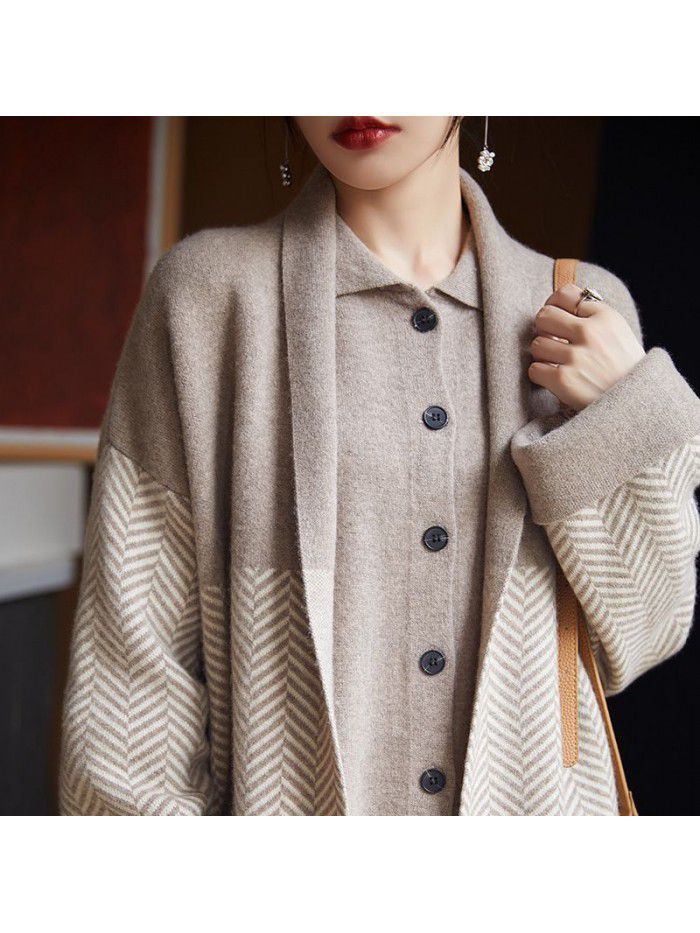 Winter wool coat buttonless four flat thickened women's lapel loose jacquard jacket long cardigan