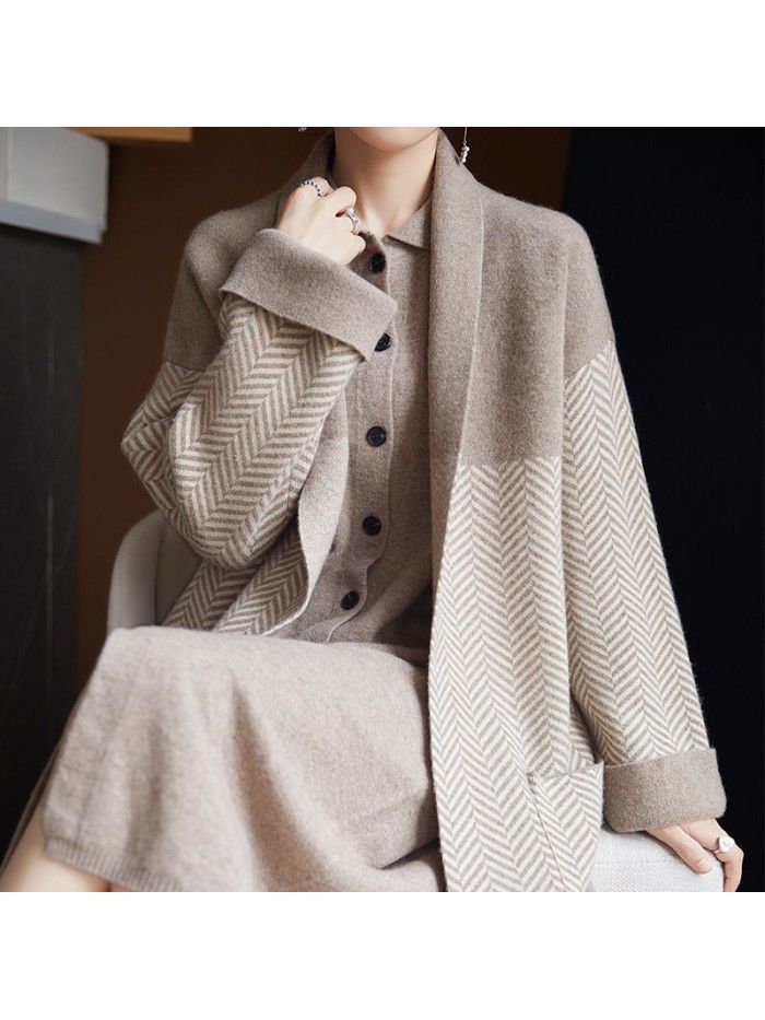 Winter wool coat buttonless four flat thickened women's lapel loose jacquard jacket long cardigan