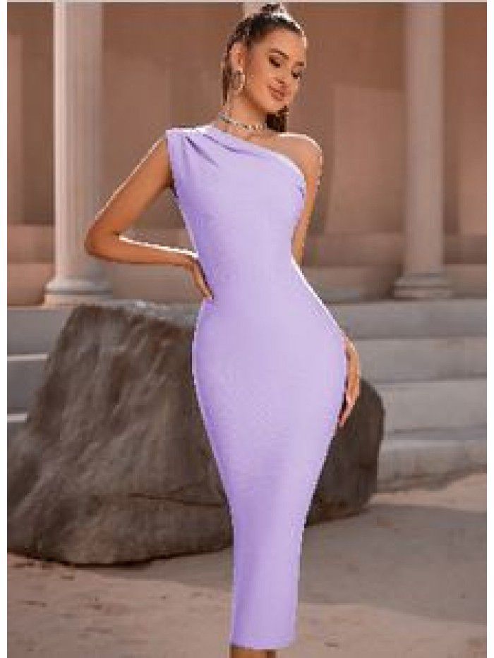 Fashionable and Elegant Women's One Shoulder Bandage Dress Sexy Sleeveless Tight Sky Blue Evening Dress 