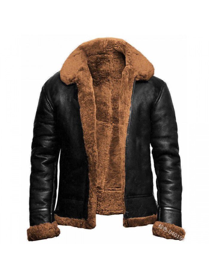 Faux leather winter jacket with integrated fur collar, medium length men's coat, heavy industry new product, zipper fur edge coat 